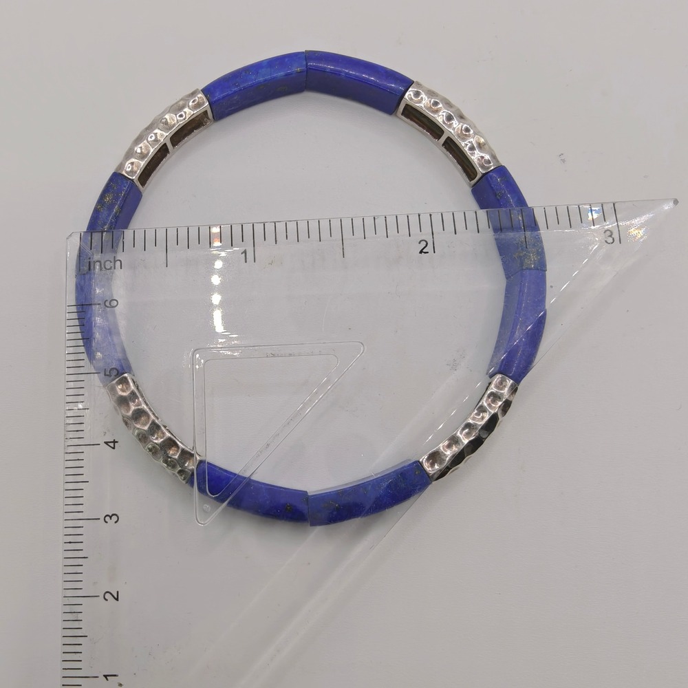 Lapis Lazuli Silver Hammered Stretch Bracelet Blue Natural Stone Boho Jewelry